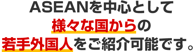 ASEANを中心として様々な国からの若手外国人をご紹介可能です。